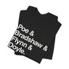 Crew Names Graphic Tee — "Poe & Bradshaw & Flynn & Doyle." Printify