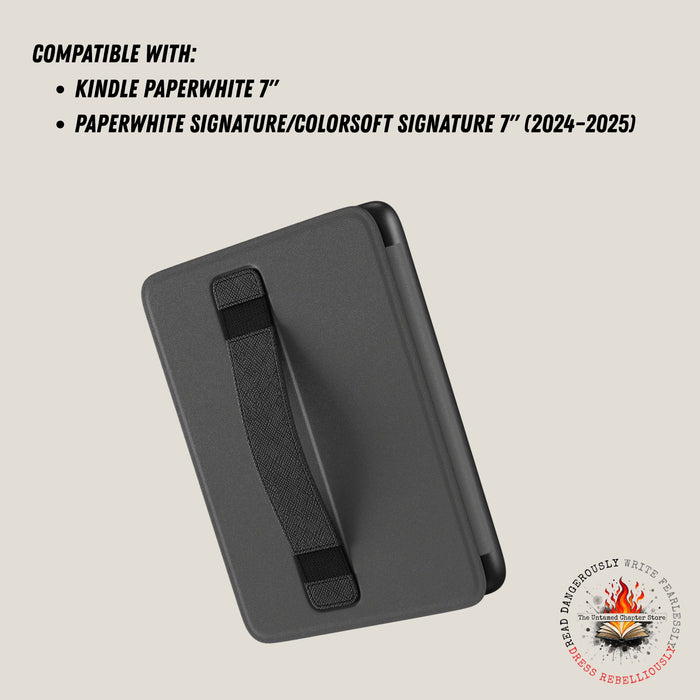 Black tablet case with compatibility text on a beige background