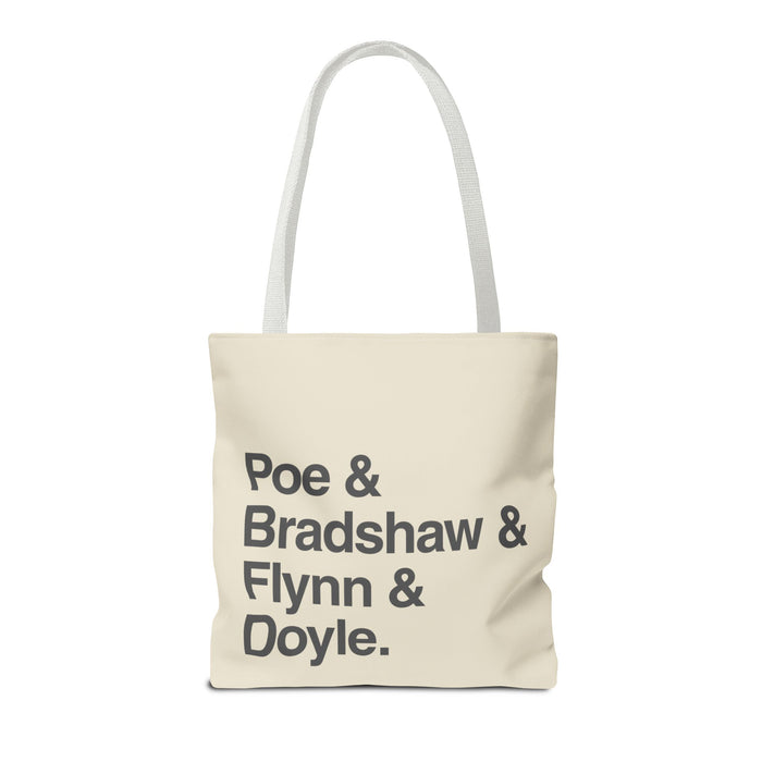 Tote Bag — Minimalist 'Poe & Bradshaw & Flynn & Doyle.' Text Tote Printify
