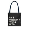 Literary Character List Tote Bag – Poe & Bradshaw & Flynn & Doyle. Printify