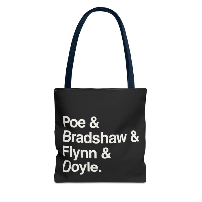 Literary Character List Tote Bag – Poe & Bradshaw & Flynn & Doyle. Printify