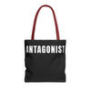Black tote bag with 'ANTAGONIST' printed in white on a white background
