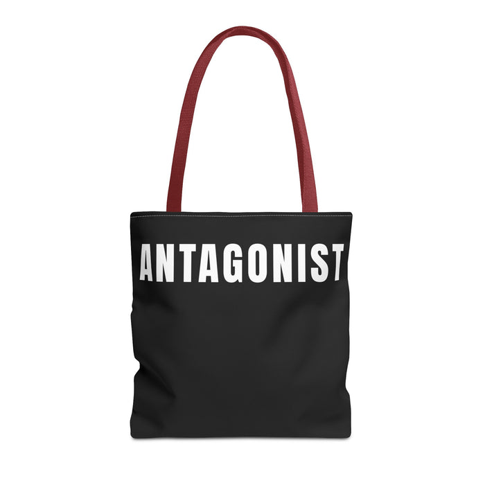 Black tote bag with 'ANTAGONIST' printed in white on a white background