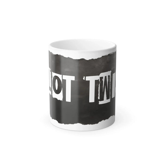 Mug with 'PLOT TWIST' grunge typeface on a white background