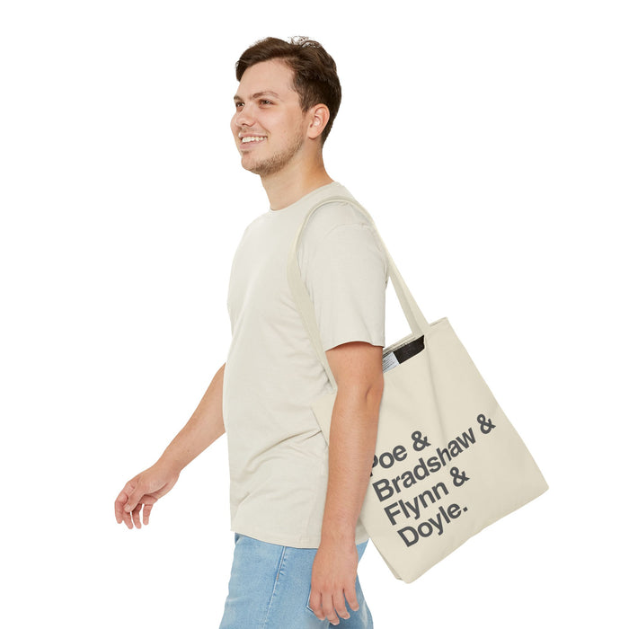 Tote Bag — Minimalist 'Poe & Bradshaw & Flynn & Doyle.' Text Tote Printify
