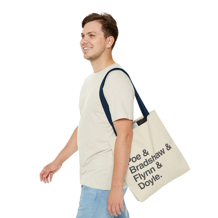 Tote Bag — Minimalist 'Poe & Bradshaw & Flynn & Doyle.' Text Tote Printify