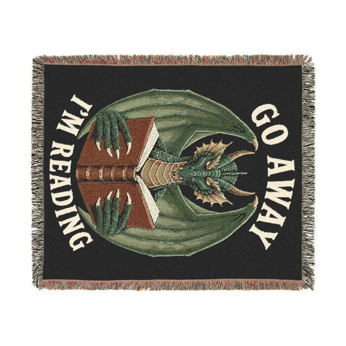 Go Away I'm Reading Dragon Woven Blanket Printify