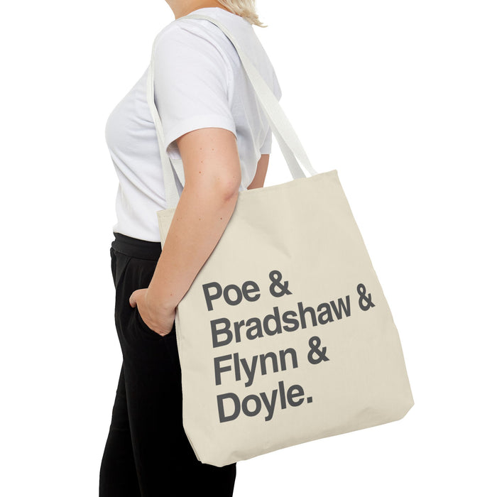Tote Bag — Minimalist 'Poe & Bradshaw & Flynn & Doyle.' Text Tote Printify