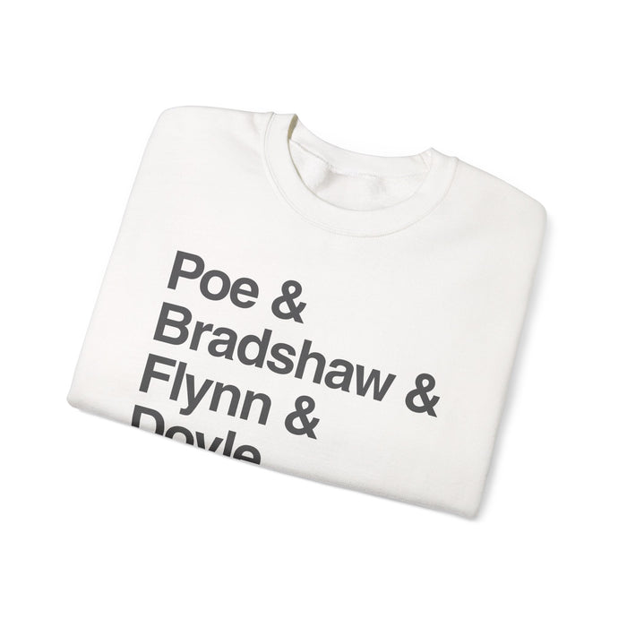 Crewneck Sweatshirt — Poe & Bradshaw & Flynn & Doyle Text Design Printify