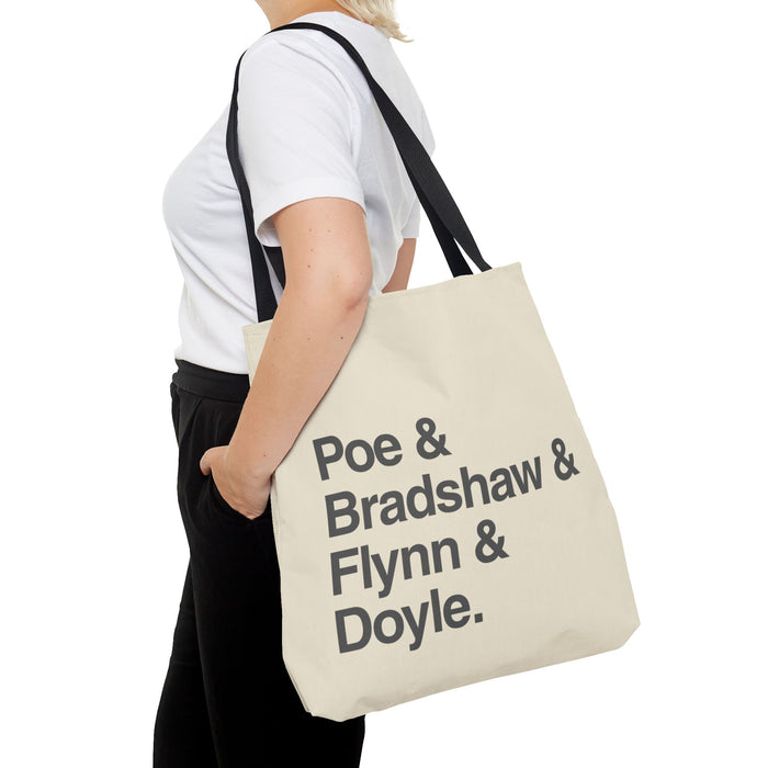 Tote Bag — Minimalist 'Poe & Bradshaw & Flynn & Doyle.' Text Tote Printify