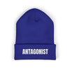 Blue beanie with 'ANTAGONIST' text on a white background