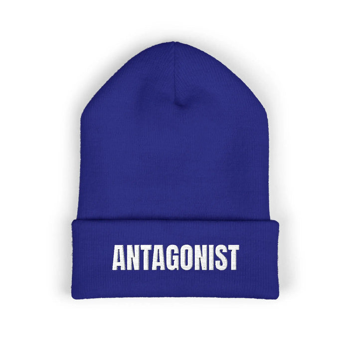 Blue beanie with 'ANTAGONIST' text on a white background