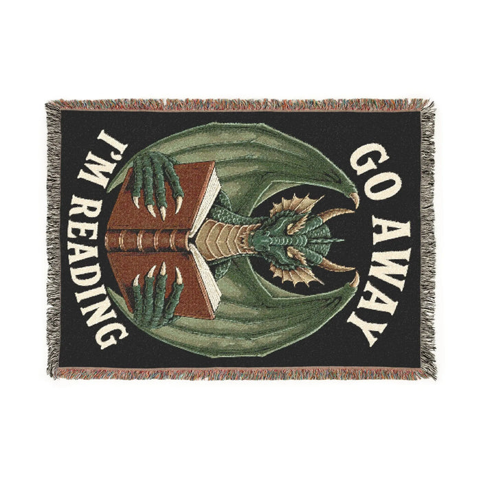 Go Away I'm Reading Dragon Woven Blanket Printify