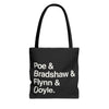 Literary Character List Tote Bag – Poe & Bradshaw & Flynn & Doyle. Printify