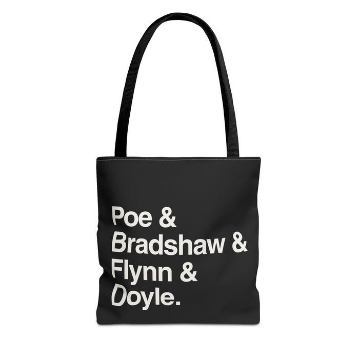 Literary Character List Tote Bag – Poe & Bradshaw & Flynn & Doyle. Printify
