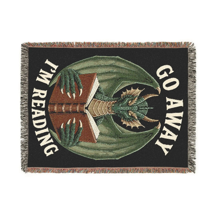 Go Away I'm Reading Dragon Woven Blanket Printify