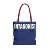 Blue tote bag with 'ANTAGONIST' text on a white background