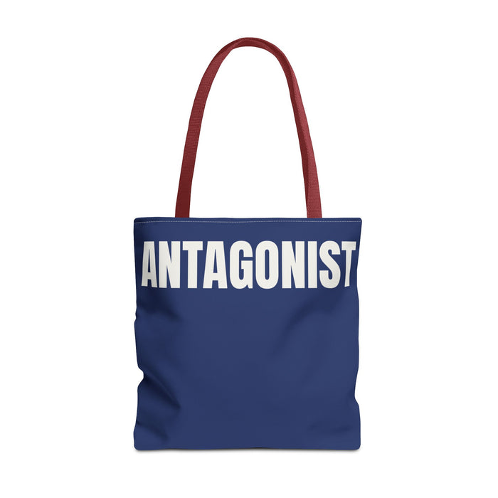 Blue tote bag with 'ANTAGONIST' text on a white background