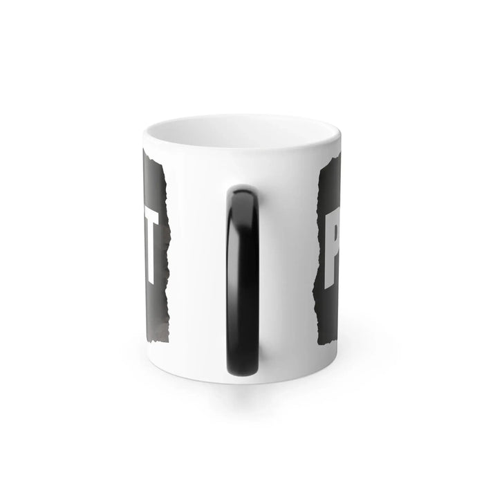 White mug with black text and design on a white background
