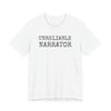 White t-shirt with 'UNRELIABLE NARRATOR' text on a white background