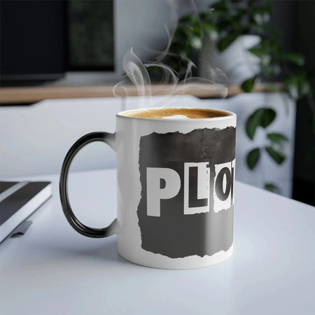 Steaming coffee mug with 'PLOT TWIST' grunge typeface on a desk