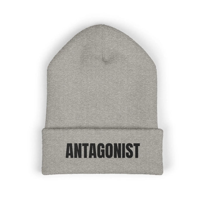 Gray beanie with 'ANTAGONIST' text on a white background