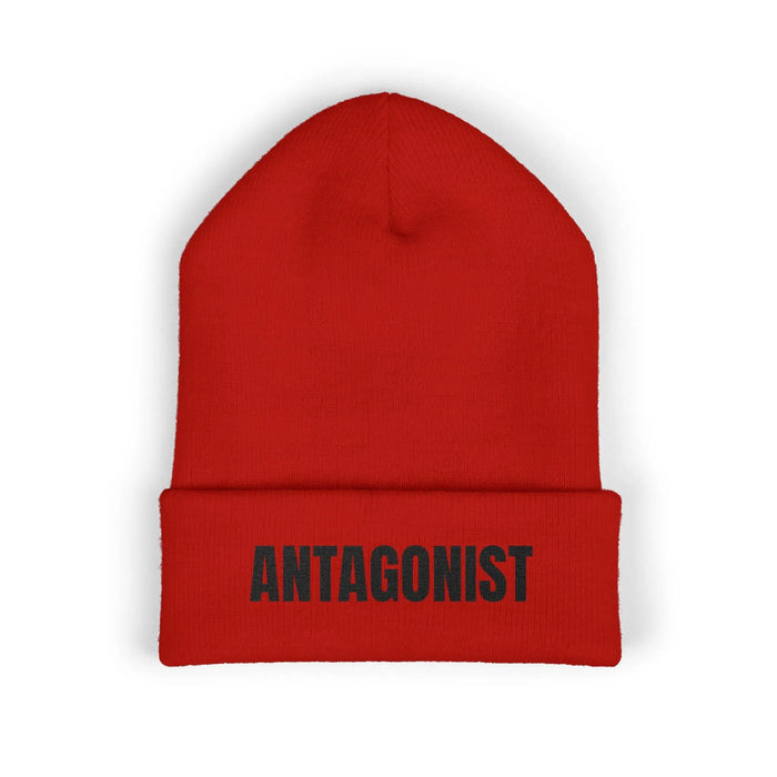 Red beanie with 'ANTAGONIST' text on a white background