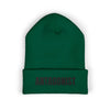 Green beanie with 'ANTAGONIST' text on a white background