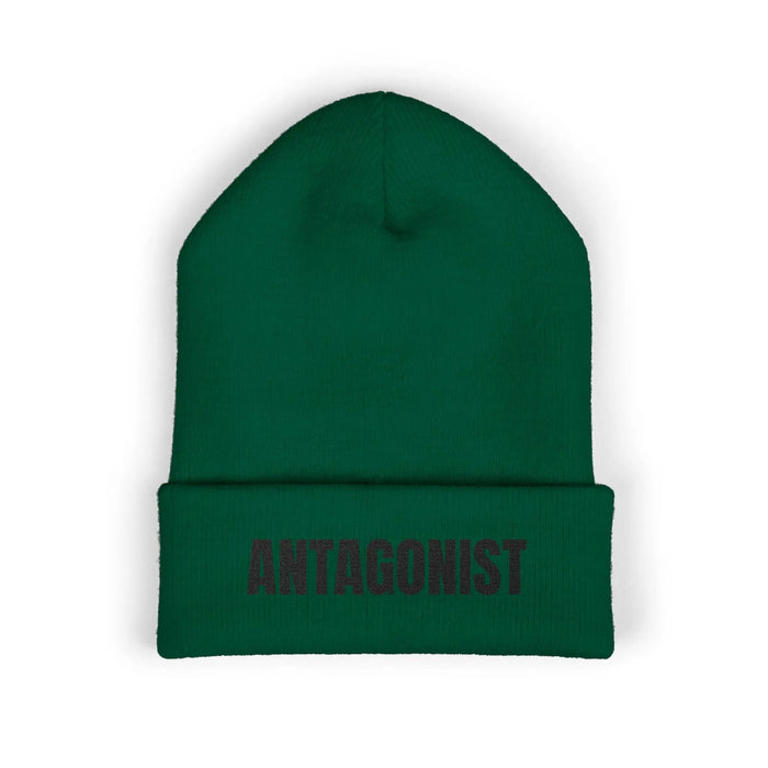 Green beanie with 'ANTAGONIST' text on a white background