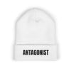White beanie with 'ANTAGONIST' text on a white background