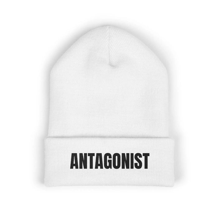 White beanie with 'ANTAGONIST' text on a white background