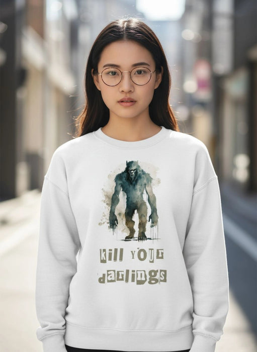 Woman wearing a white sweatshirt with a graphic design and text in an urban setting