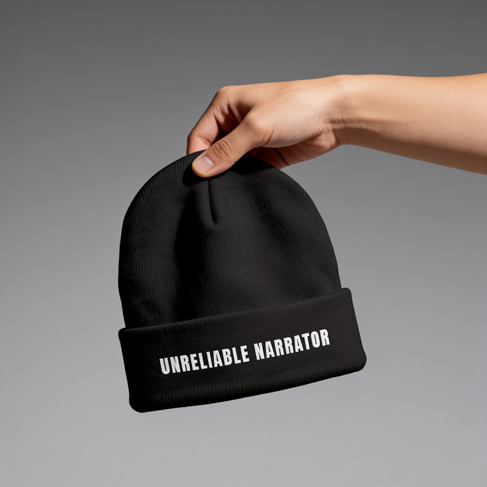 A hand holding a black knit beanie with the words 'UNRELIABLE NARRATOR' printed in white on the folded cuff, against a smooth gray gradient background.