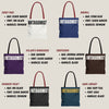 Collection of Antagonist tote bags in various colors with specifications.