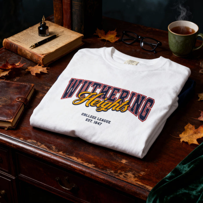 Folded white t-shirt with 'Wuthering Heights' print on a wooden desk with books and a cup of tea.