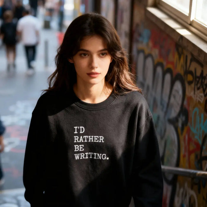 Woman wearing a black sweatshirt with 'I'd Rather Be Writing' text in an urban setting.