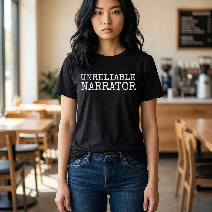 Person wearing a black t-shirt with 'UNRELIABLE NARRATOR' text in a casual setting.