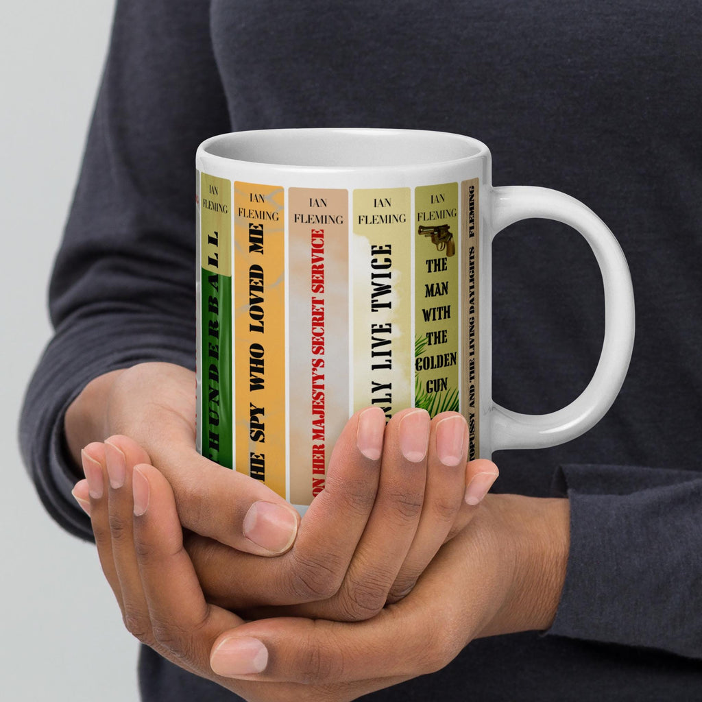 James Bond Bookshelf Mug | Ian Fleming 007 Novels Coffee Cup | Spy Thriller Book Lover Gift, Literary Collector Mug