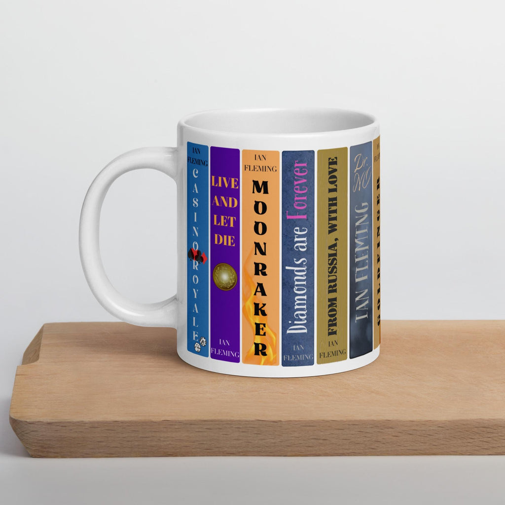 James Bond Bookshelf Mug | Ian Fleming 007 Novels Coffee Cup | Spy Thriller Book Lover Gift, Literary Collector Mug