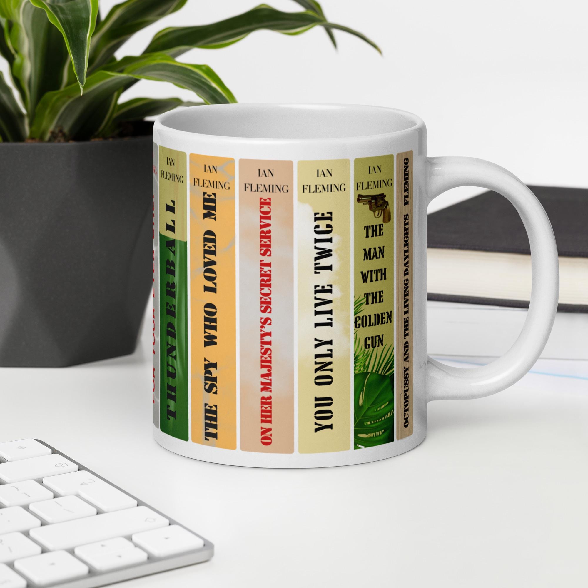 James Bond Bookshelf Mug | Ian Fleming 007 Novels Coffee Cup | Spy Thriller Book Lover Gift, Literary Collector Mug