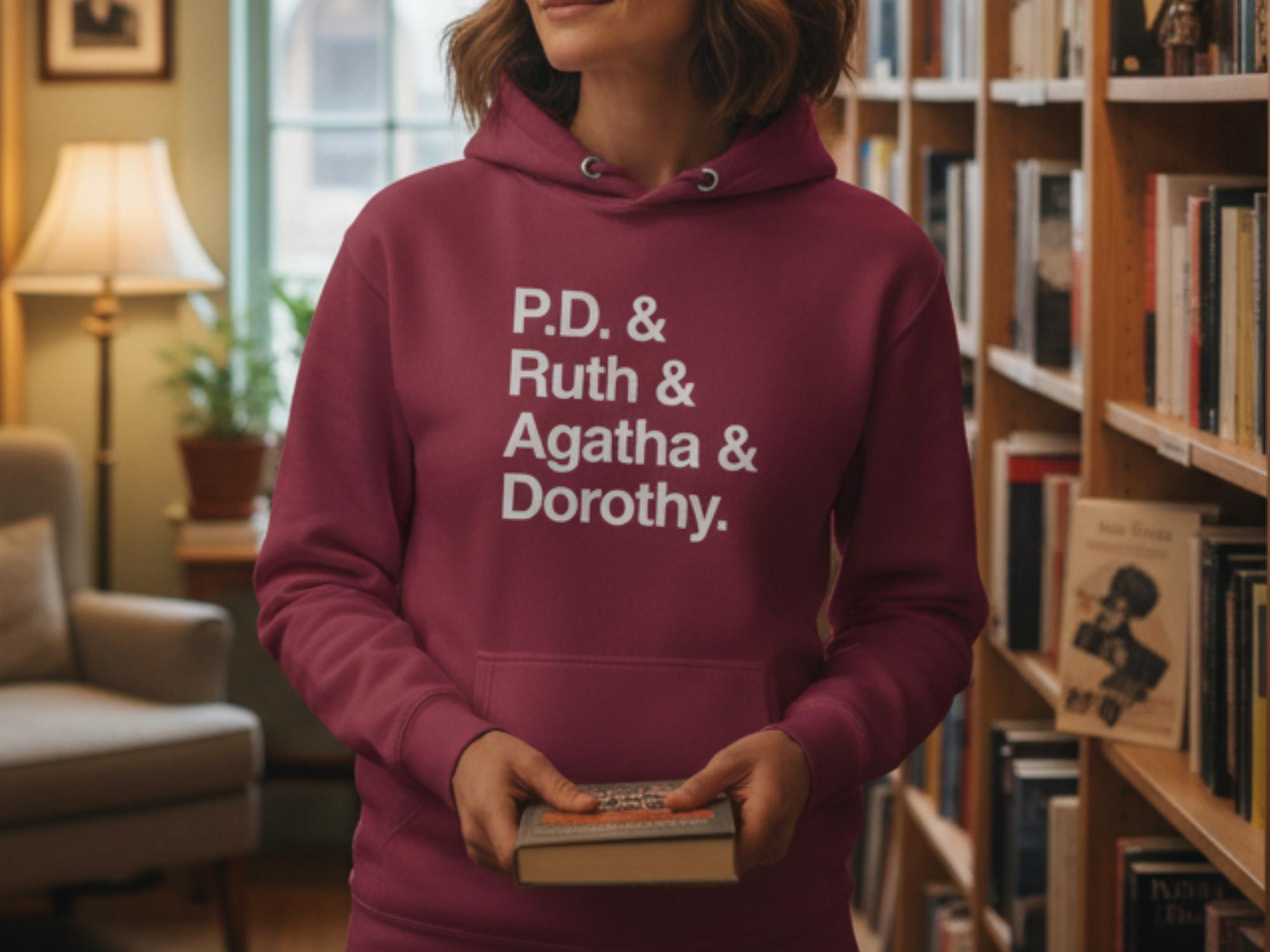 Crime Writers Hoodie | Cotton Heritage M2580 Premium Pullover | P.D. James, Ruth Rendell, Agatha Christie, Dorothy Sayers, Mystery Gift