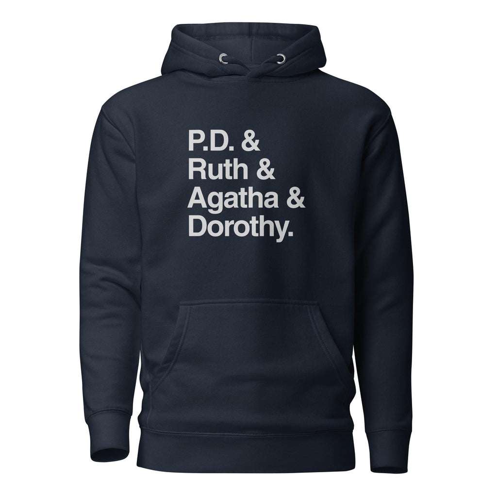 Crime Writers Hoodie | Cotton Heritage M2580 Premium Pullover | P.D. James, Ruth Rendell, Agatha Christie, Dorothy Sayers, Mystery Gift