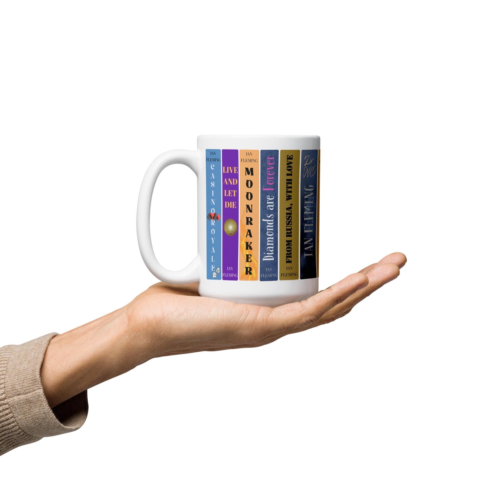 James Bond Bookshelf Mug | Ian Fleming 007 Novels Coffee Cup | Spy Thriller Book Lover Gift, Literary Collector Mug