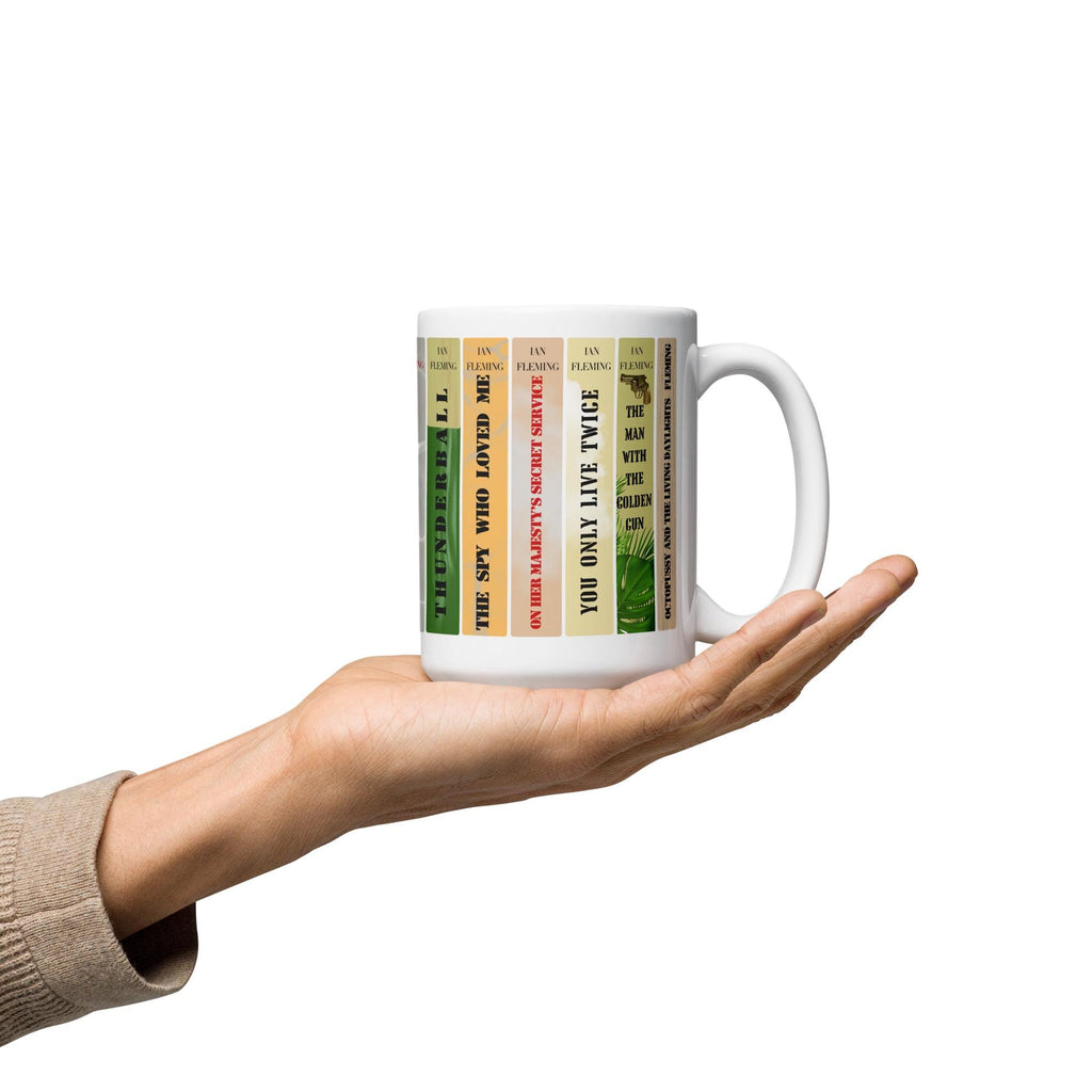 James Bond Bookshelf Mug | Ian Fleming 007 Novels Coffee Cup | Spy Thriller Book Lover Gift, Literary Collector Mug