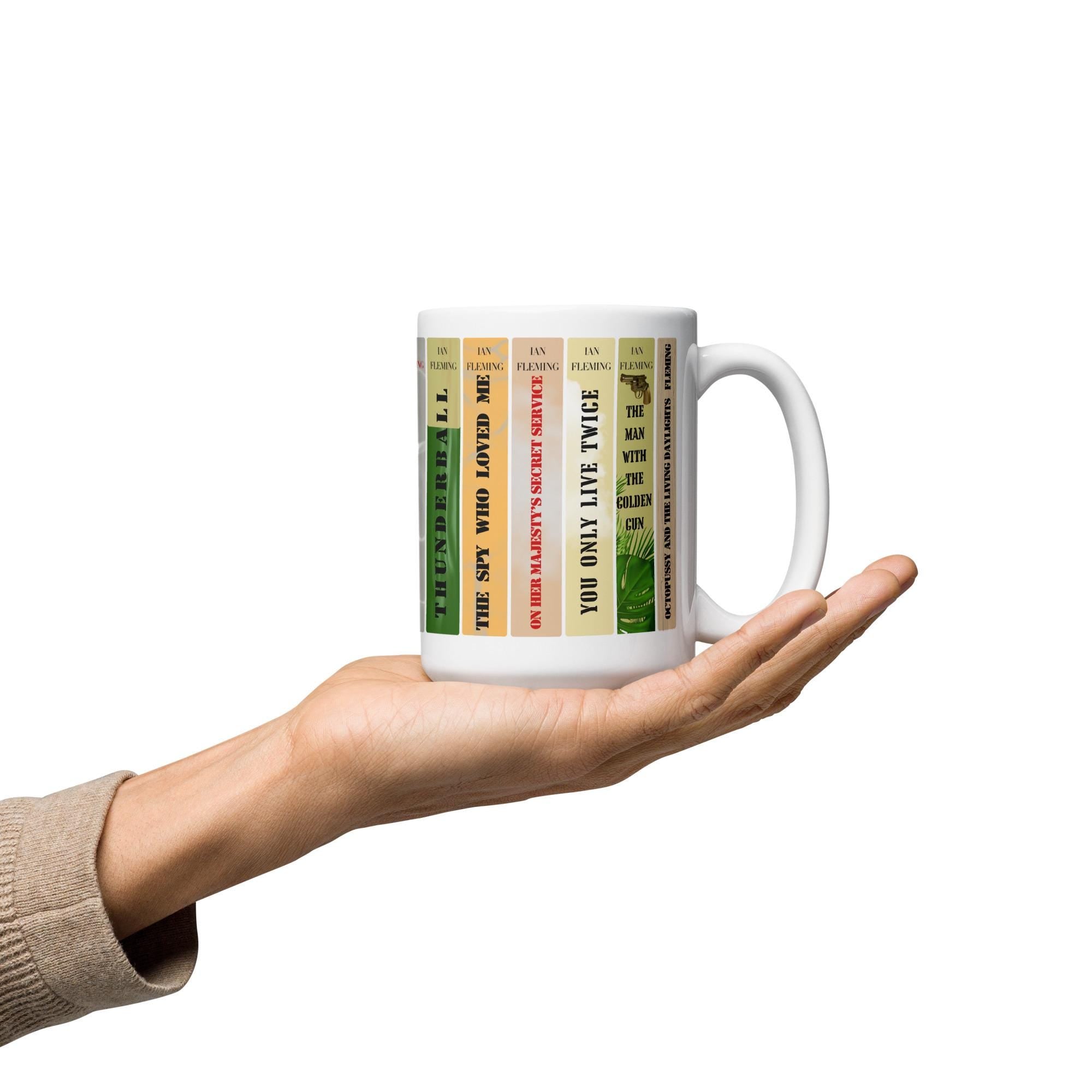 James Bond Bookshelf Mug | Ian Fleming 007 Novels Coffee Cup | Spy Thriller Book Lover Gift, Literary Collector Mug