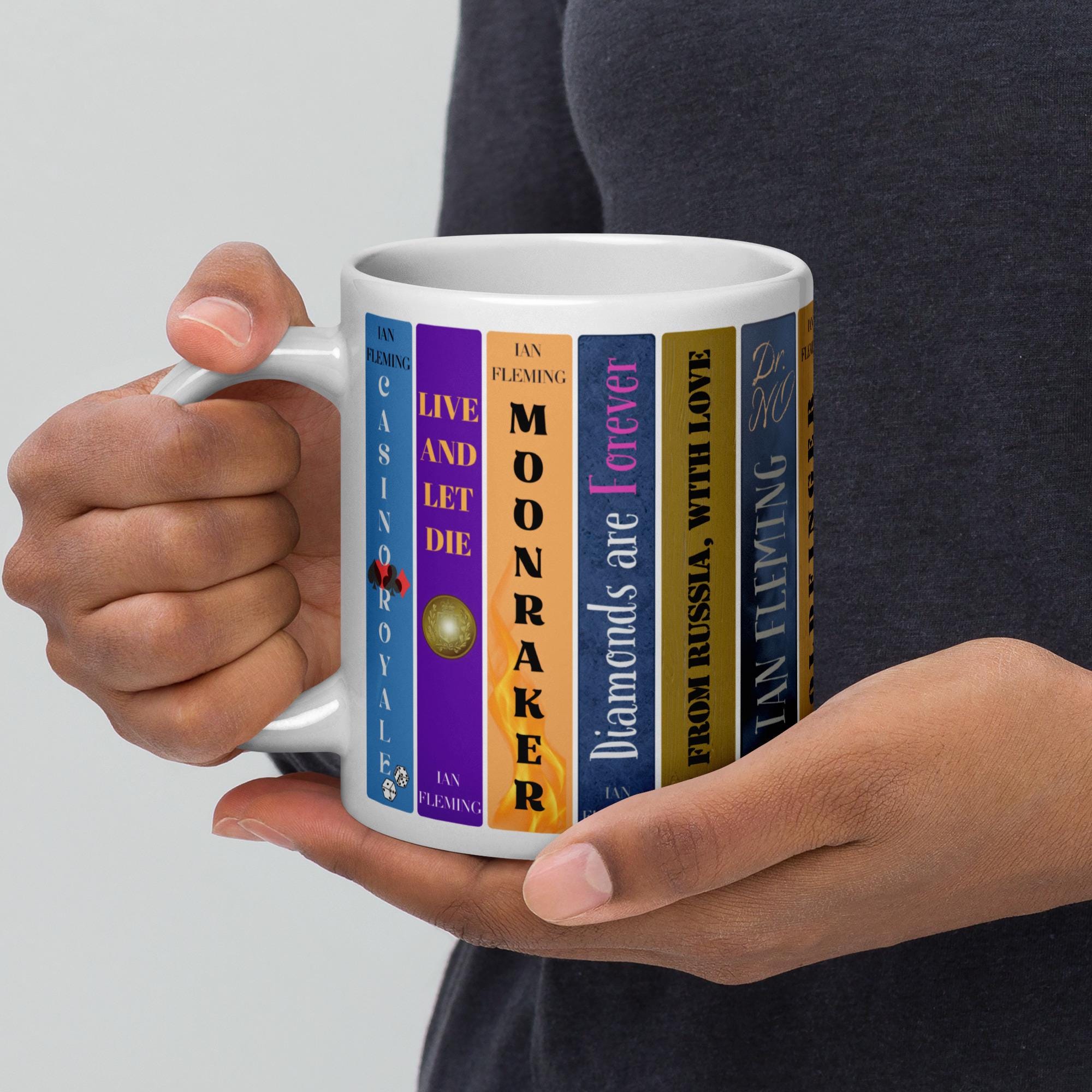 James Bond Bookshelf Mug | Ian Fleming 007 Novels Coffee Cup | Spy Thriller Book Lover Gift, Literary Collector Mug