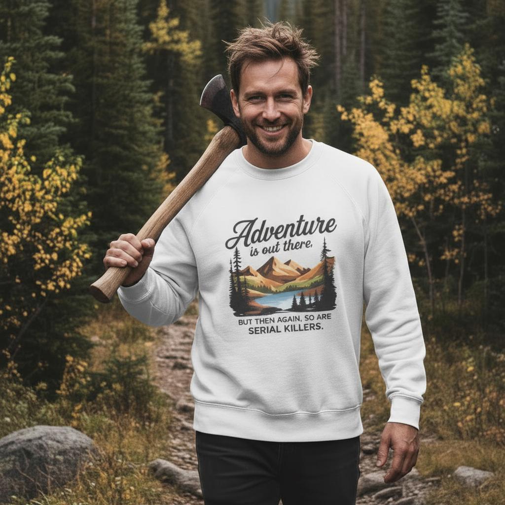 Adventure Is Out There But So Are Serial Killers Sweatshirt | Funny True Crime Unisex Pullover, Dark Humor Camping Jumper