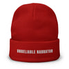 Red UNRELAIBLE NARRATOR beanie prouct shot