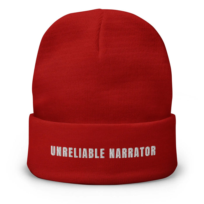 Red UNRELAIBLE NARRATOR beanie prouct shot