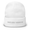 White UNRELAIBLE NARRATOR beanie prouct shot